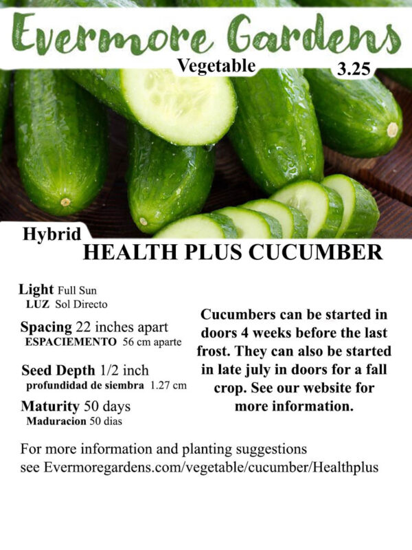 Evermore Gardens Slicer Health Plus Cucumber Slicer Health Plus Cucumber Hybrid Seeds