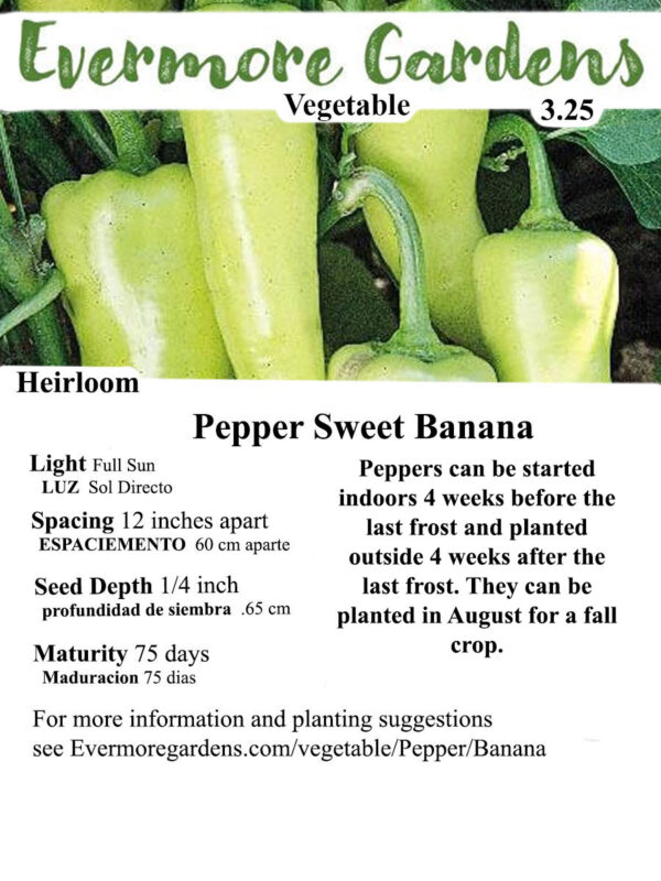 Evermore Gardens Sweet Banana Pepper Sweet Banana Pepper Heirloom Seeds